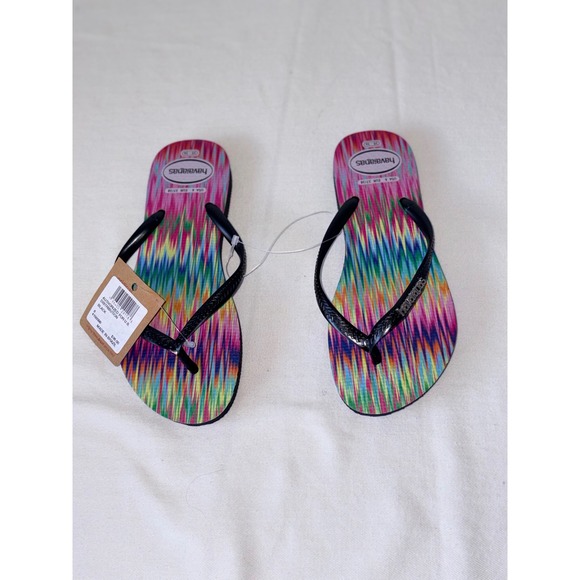 Havaianas Slim Multi Color Ikat Print Flip Flops Black Straps Womens 6 NEW - Picture 5 of 9